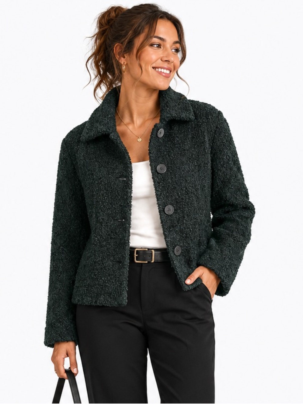 Eileen Fisher Green Wool Button Up Jacket Women Medium Minimalist Chic